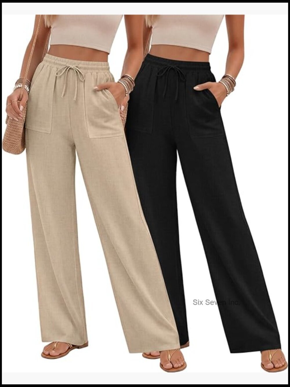 2 Pack Women's Linen Long Pants Drawstring Elastic Waist Flowy Straight Pocket